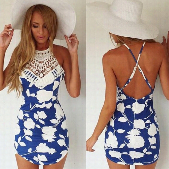 2015 Newest Stylish Lady Sexy Women O-neck  Off-sohulder Backless Cross Strap Zilper Mini Floral Faction Dress