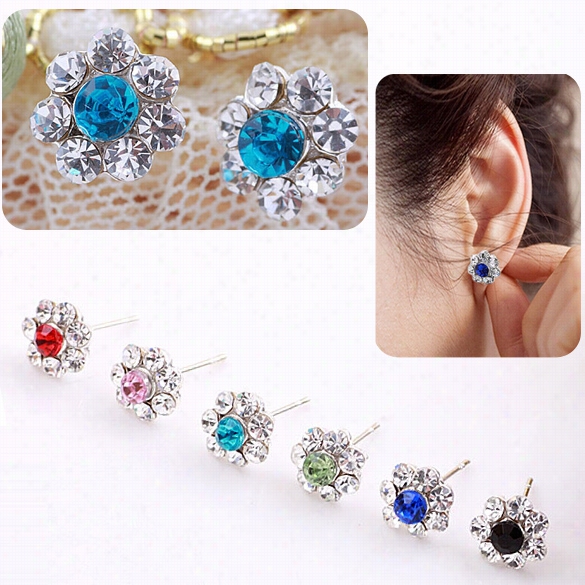 6 Pairs Different Pigment Women's Girls Beautiful Silver Plating Flower Pattern Glisten Earrings Ear Claw