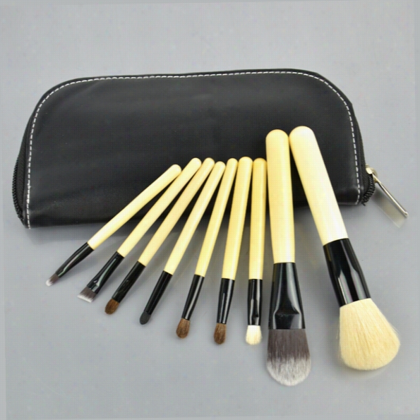 9 Pcs Set Cosmetic Brush Make Up Tool Kit + Zipper Leather Pouch Case