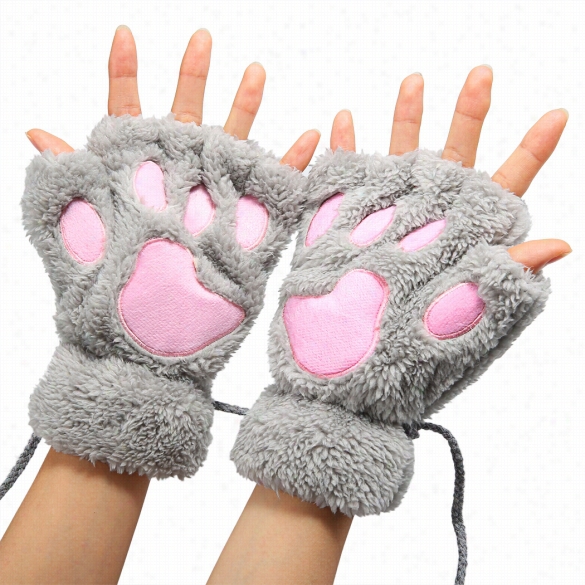 Arshiner Women Girls Comfy Softp Lush Cat Bear Paw Claw Deisgn Winter Fingerless Glovs