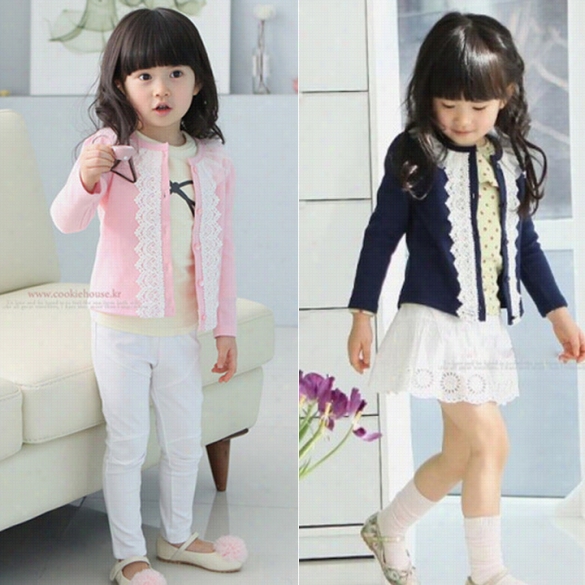 Autumn Kids Baby Girl Knit Coat Lace Crew Neck Long Sleeve Button Jacket Cardiga