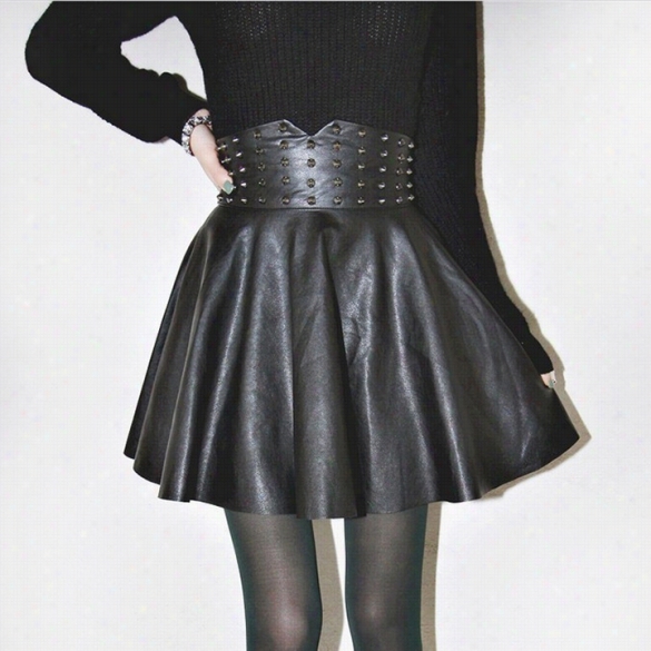 Autumn Winter Women's Fashion Punk High Waist Rivet Synthetiic Leaher Skirt Dress