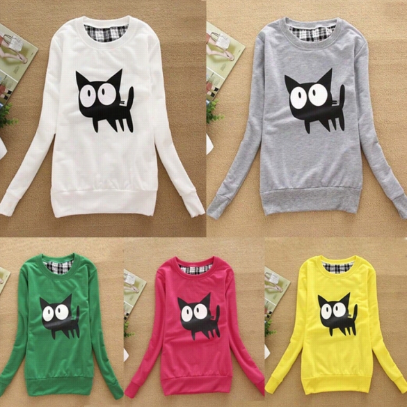 Autumn Women's Sweatshrits Hoodies Cartoon Cat Printing Top Ladies Outerwear Coats Sweater Jacket W Omen