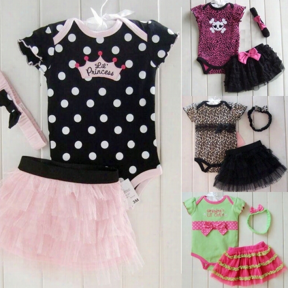 Baby Girl's 3pcs Dress Set Short Sleeve Bowknot Jumpsuit And Cute Skirt Nad Hair Band