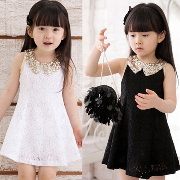 Baby Kids Children's Girls Lovely Sequins Collar Sleeveless Lace Vest Skirt Princess Dress