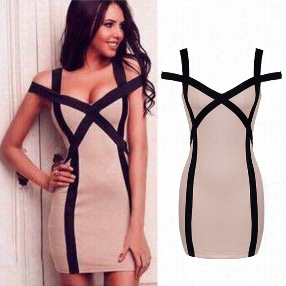 Most Of All Sale New Women Sexy Summer V-neck Offf-shoudelr Splicing Hip Package Strap Dress