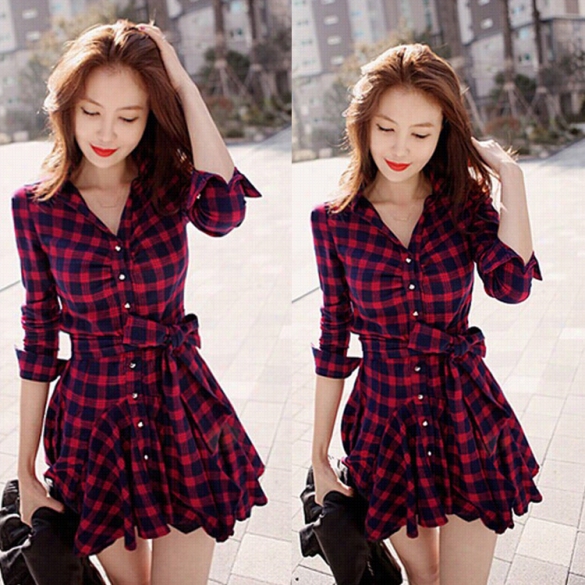 Best Sqle Sty Lish Lady Women New Fashion Long Sleeve Lapel Plaid Sexy Dress