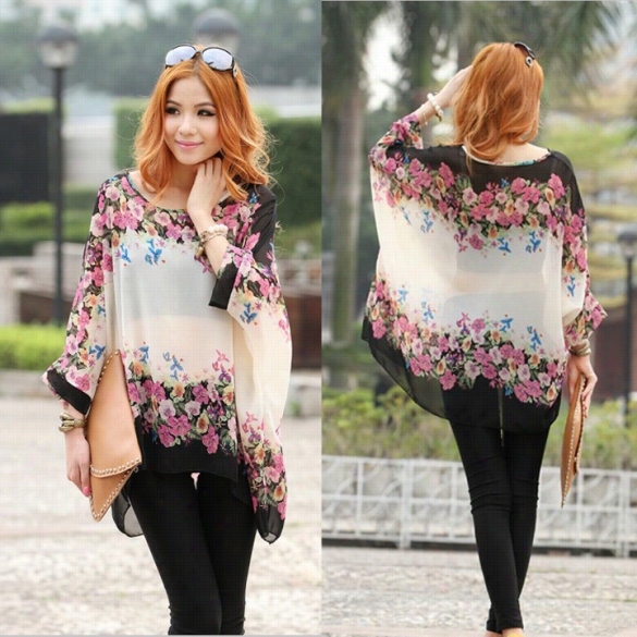 Bohemian Style Women Oversized Dolman Sleeve Floralchiffon Tops Blouse