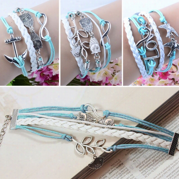 Branch"leaf Owl Fowl Wax Cord Synthetic Leather Braid Wrap Bracelet Bangle Caf8