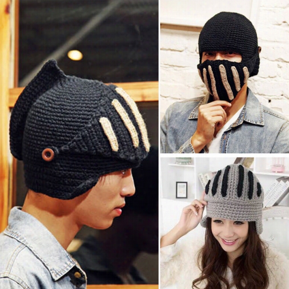 Buttons Unisex Crochet Knit Black Ski Beanie Wool Roman Knight Hat Mask Cap