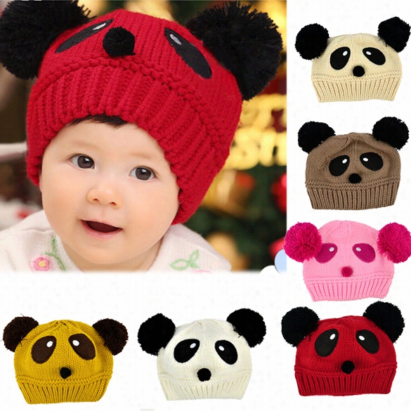 Cute Panda Pattern Baby Love Dual  Ball Toddler Girls"boys Wool Knit Sweater Cap Hat