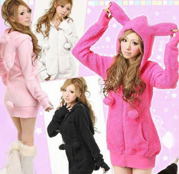 Cute Women Bunny Earsw Arm Sherpa Hoodie Jacket Coat Tops Outerwear