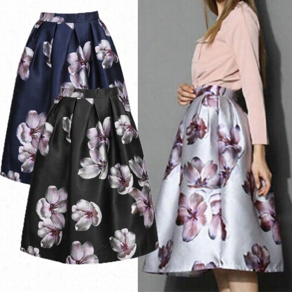 Elegant Ladies Women Retro A-linee High Waist Pregnant Flower Priint Pleated Swing Skirt