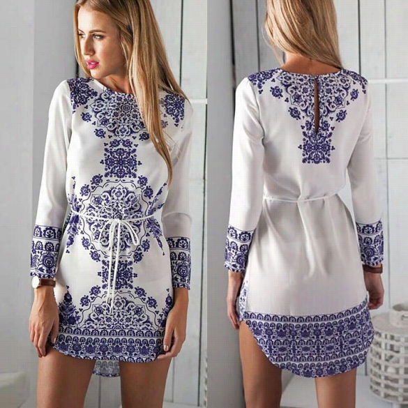 Elegant Ladies Women Splicing Color Porcelai Nprint 3"4 Sleeve Irregular Hem Mini Dress With Belt