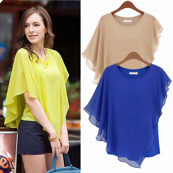 Europe Women's Fashion Round Neck Bat Sleeve Chiffon Shirt Tops Blouse