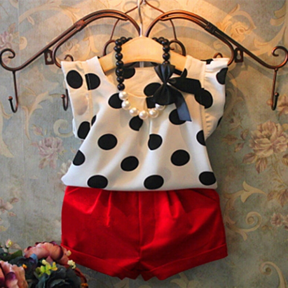 Fashion Children Girls Short Sleeve Dot O-neck Blouse Tops El Asticwaistm Inn I Shorts Two Piece Set