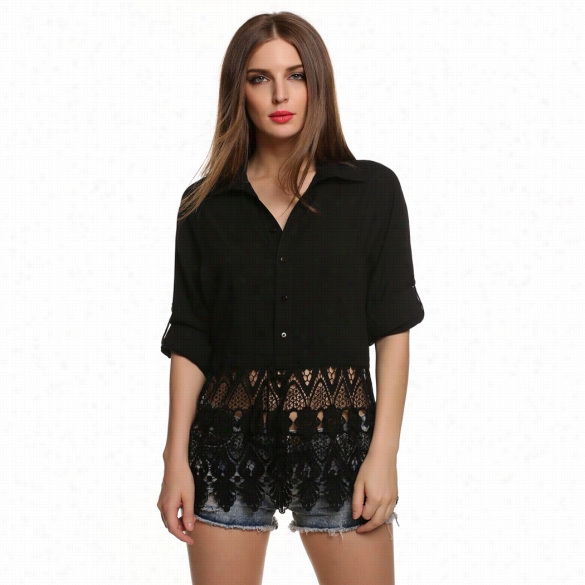 Fashion New Womens Ccasual Long Sleeve Shirt Lace Crochet Emboriey Loose Tops Blouse