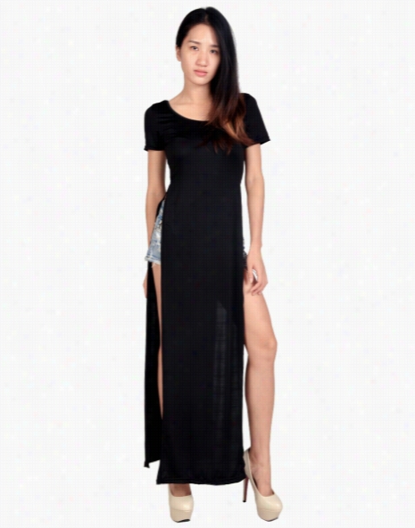 Fashin New Womens Round Neck Celebrity Casual Side Slit$ Long Top Maxi Dress M L