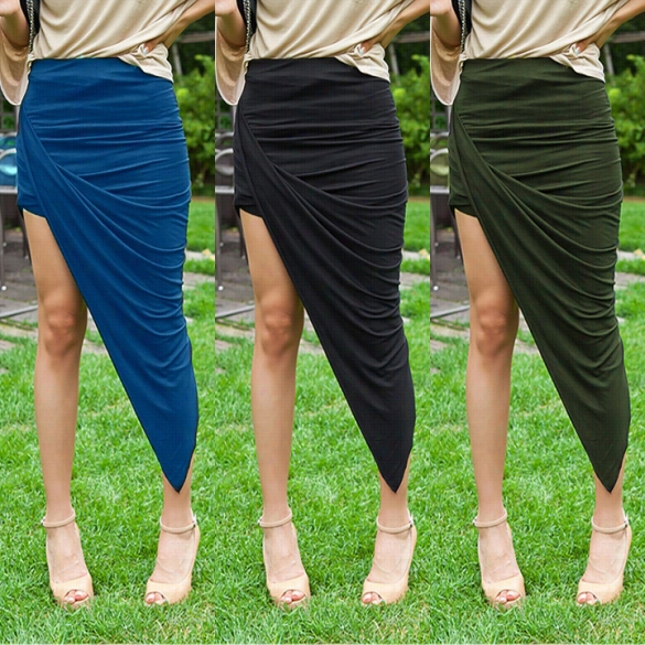 Fashion Women Wrap Banded Waist Draped Asymmetrical Cutt Out High Low Skirt Hotsale