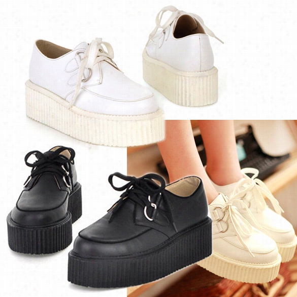 Fashion Wimen's Round Toe Synthetic L Eather High Platform Shoe Retro Flat Shoes