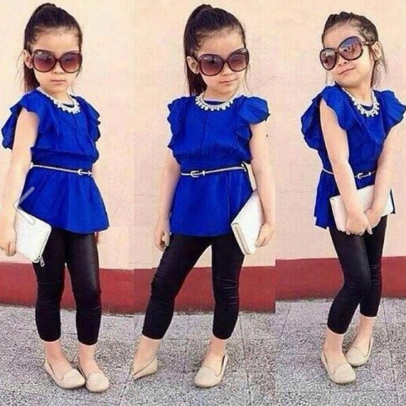 High Quality Fashion Baby Girls Butterfly Sleeve High Waist Blouse Tops Slim Pant Two Piece Set