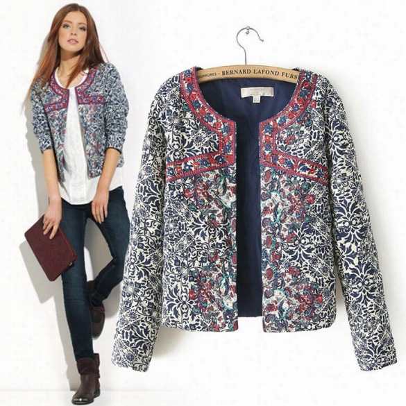 High Quality Women Vintage Ethnic Embroidered Flroal Print Qu Ilted Coat Jacket Cardigan