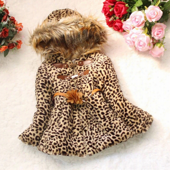 Hot Bby Children Girls Leopard Faux Fox Fur Collar Hoodie Coat Clothing