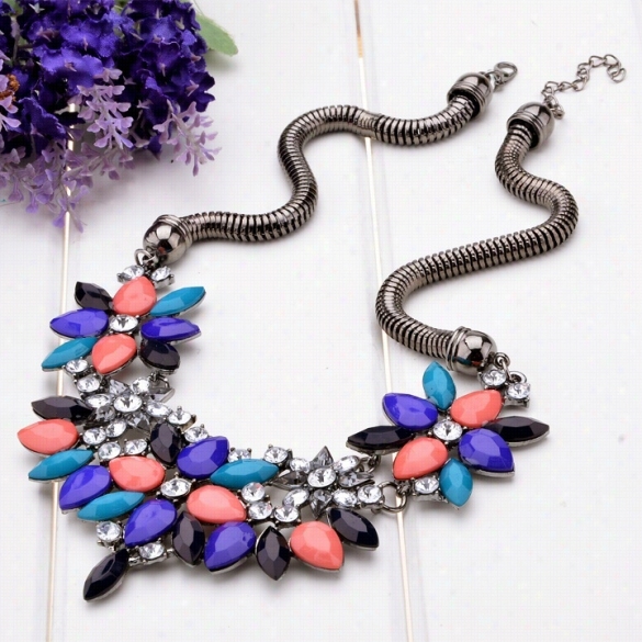 Hot Fashion New Design Retro Style Colorful Rhinestone Flower Choker Necklace