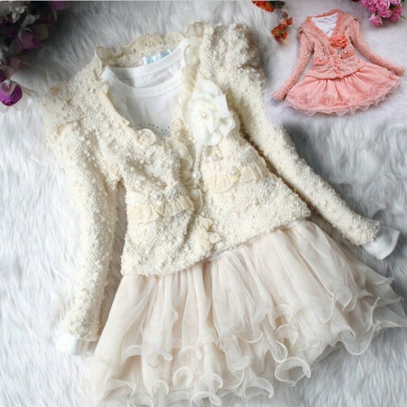 Hot Kids Girls Lace Skirt Dress+coat Jacket 2pcs Set Party Tulle Tutu Dress