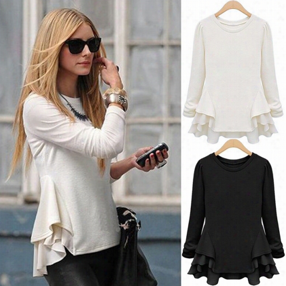 Hot New Fashion Women Cas Ual Top Long Sleeve Contrast Chiffon Ruffles T-shirt