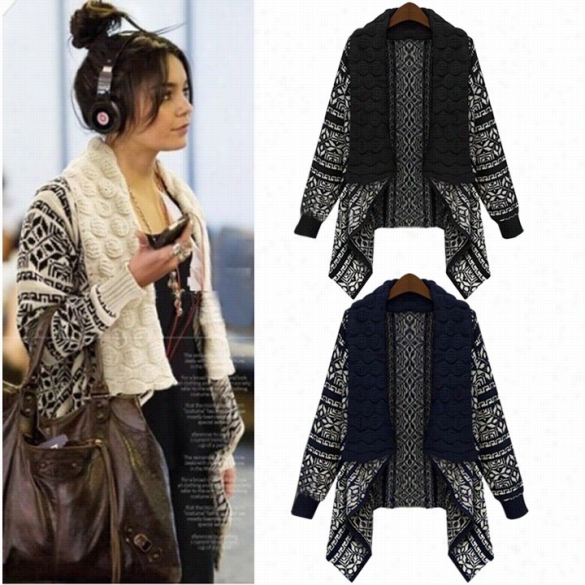 Hot Retro Geomeetric Pattern Scarf Bubble Collar Irregular Cardiagn Sweater Knit Coat