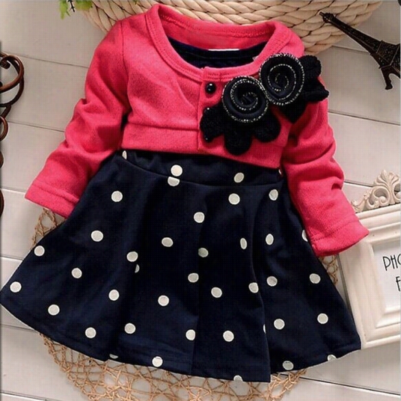 Hot Sprinh-autumn New Arrve Flower Dot Full Sleeve Baby Girl Princess Dress