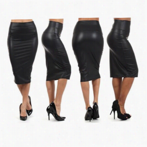 Hot Women Blackk Faux Leather Pencil Skirt High Waistt Sex Ybelow Knee Long Sexy