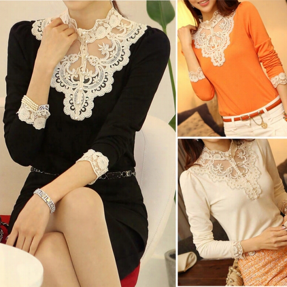 Hot Women's Lace Beaded Long Sleeve Casual Shirt Tops Elegant Sl Im Tops Blouses