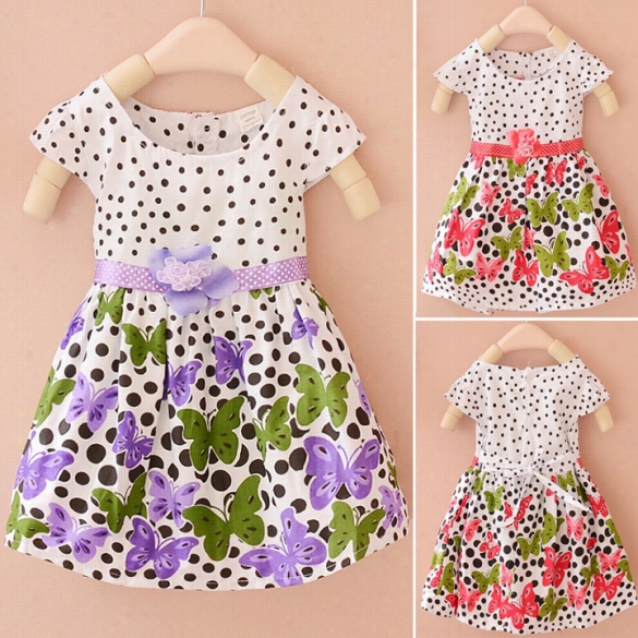 Kids Butterfly Flower Sweet Polka Dot Shot Sleeves Pleated Dress