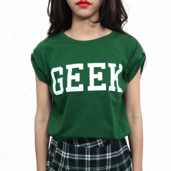 Korea Trend Women's Rol L-up Sleeve At Random Hem Geek Loose Letter T-shirt