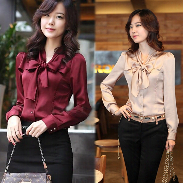 Korea Women Throughout Sleeve Obwknot Vntage Shirts Bowtie Ol Toops Blouse