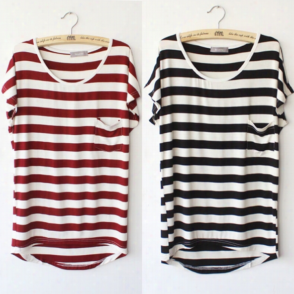 Korea Women Summer Stripe Pocket Short Sleeve Casual Loose T-shirt Tops