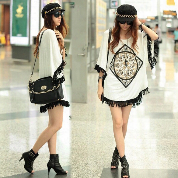 Korean Women Fringed Hem Loose Short Sleeve Long Batshirt Blous Et-shirt Tops