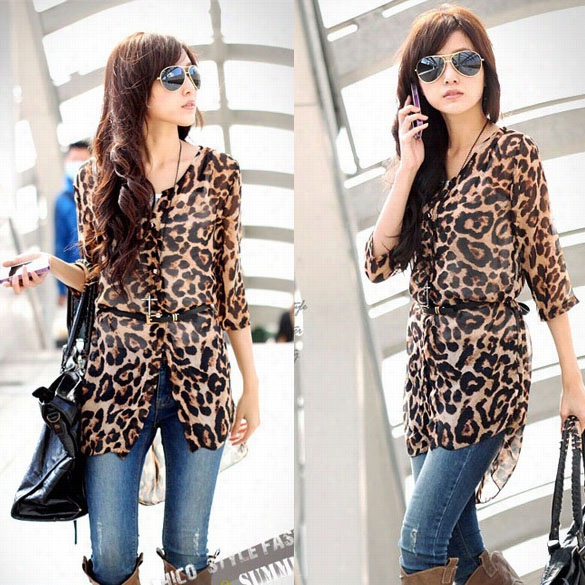 Korean Women's Fasyion Nice Leopard Half Sleeve Long Shirt Blouse