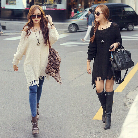 Korean Womens Fringed Hem Loose Sweater Dress Long Knitting Tops Outerwear