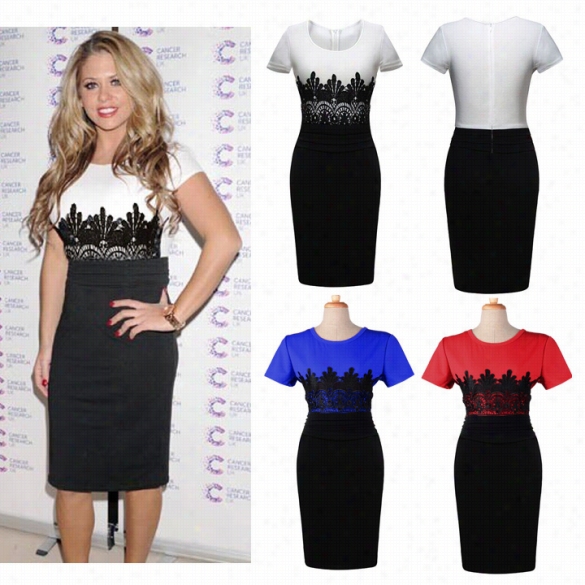 Ladies Celeb Cap Sleeve Lace Splicing Evening Pencil Midi Bodycon Dress