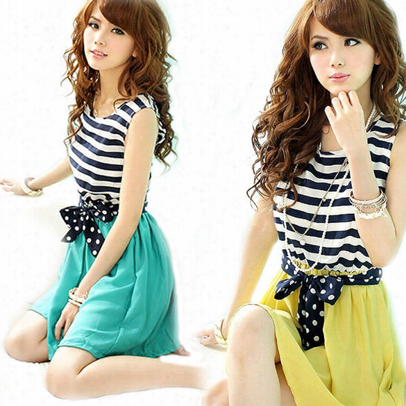 Ladies Chif Fon Stripes Collision--color Sleeveless Scoop Necksplicing Vest Mini Dress Summer