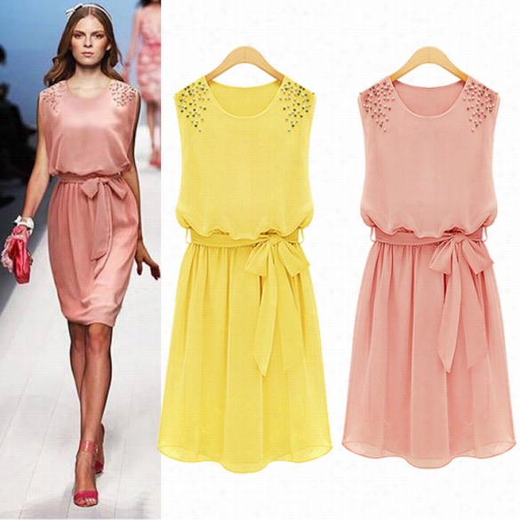 Ladies Summer Handmade Bead Shoulder Chifffon Dress Bow Belt Sleeveless Pleated