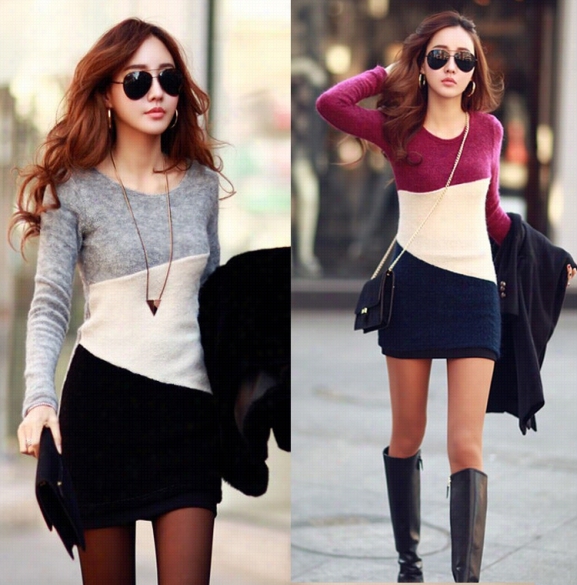 Lady Fashionable Long Sleeve Colo R Block Package Hip Casual Botttoming Mini Dress