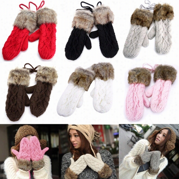 Mistress's Korean Style Women's Winter  Upre Color Mitten Knitting Thick Warm  Wool Fur Halter Wrist Gloves