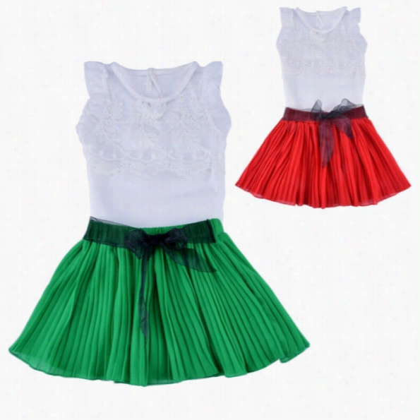 Novel 2pcs"set Baby Girl Children's Beauty  Lace Agaric T-shirt Vest++ Mini  Skirt Dress Bow Belt Skirt