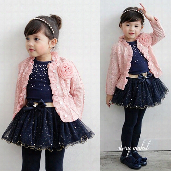 New 3cps"set Baby Kids Children Girls Toddler Cute Foower Clothing Clothes Coat +t-shirt+ Skirt Tutu Dress Set Outfit