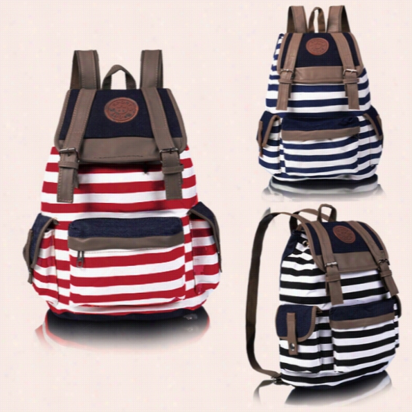 New Arrival Lady Girl Womdn Unisex Backp Ack Canvas Stripe Leisure School Bag