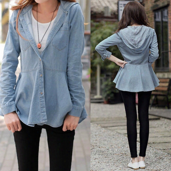 New Arrival Lady Women Girl Blue Hooded Outerwear Jacket Jean Shirt Bl Ouse